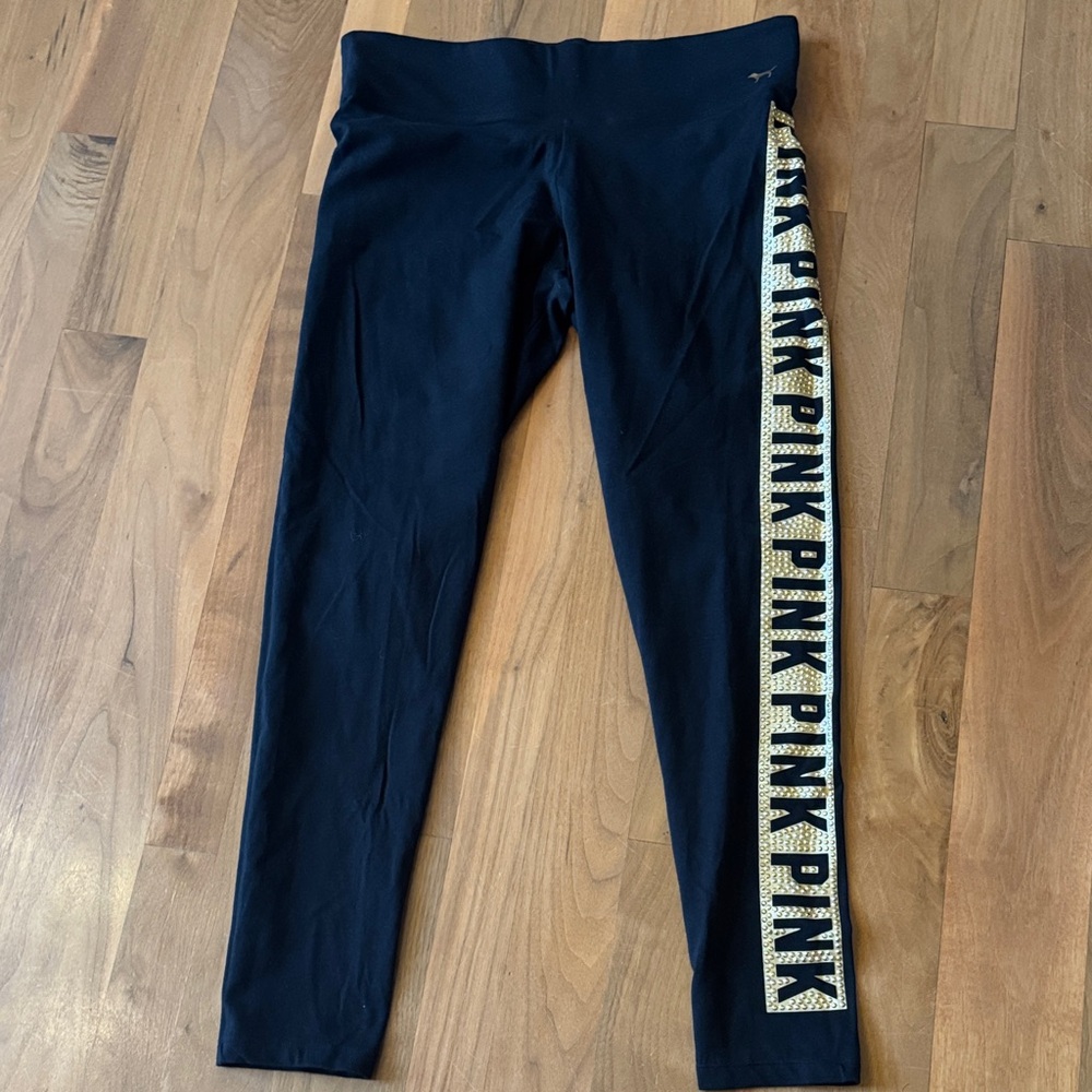 NWOT PINK Victoria's Secret Black Leggings embellished with Gold Accents